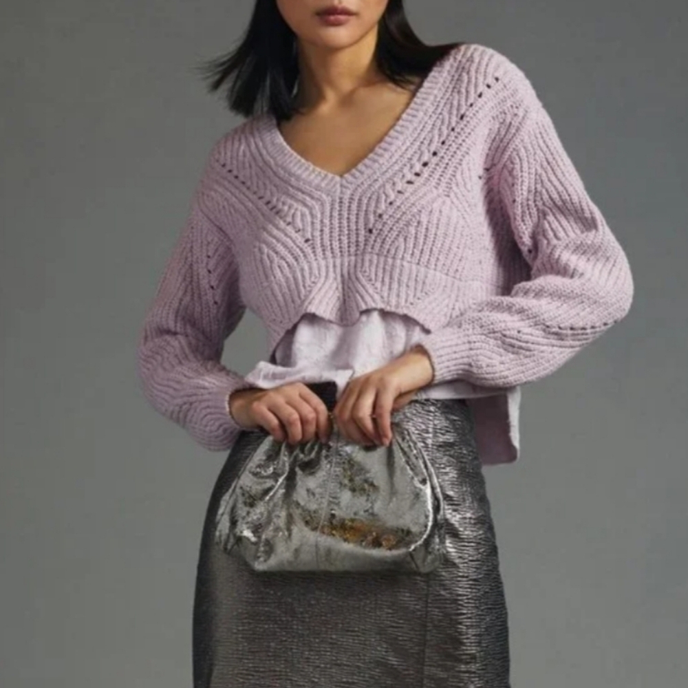Anthropologie Lilac Layered Cable Knit Slouchy Sweater Size S - Picture 2 of 9